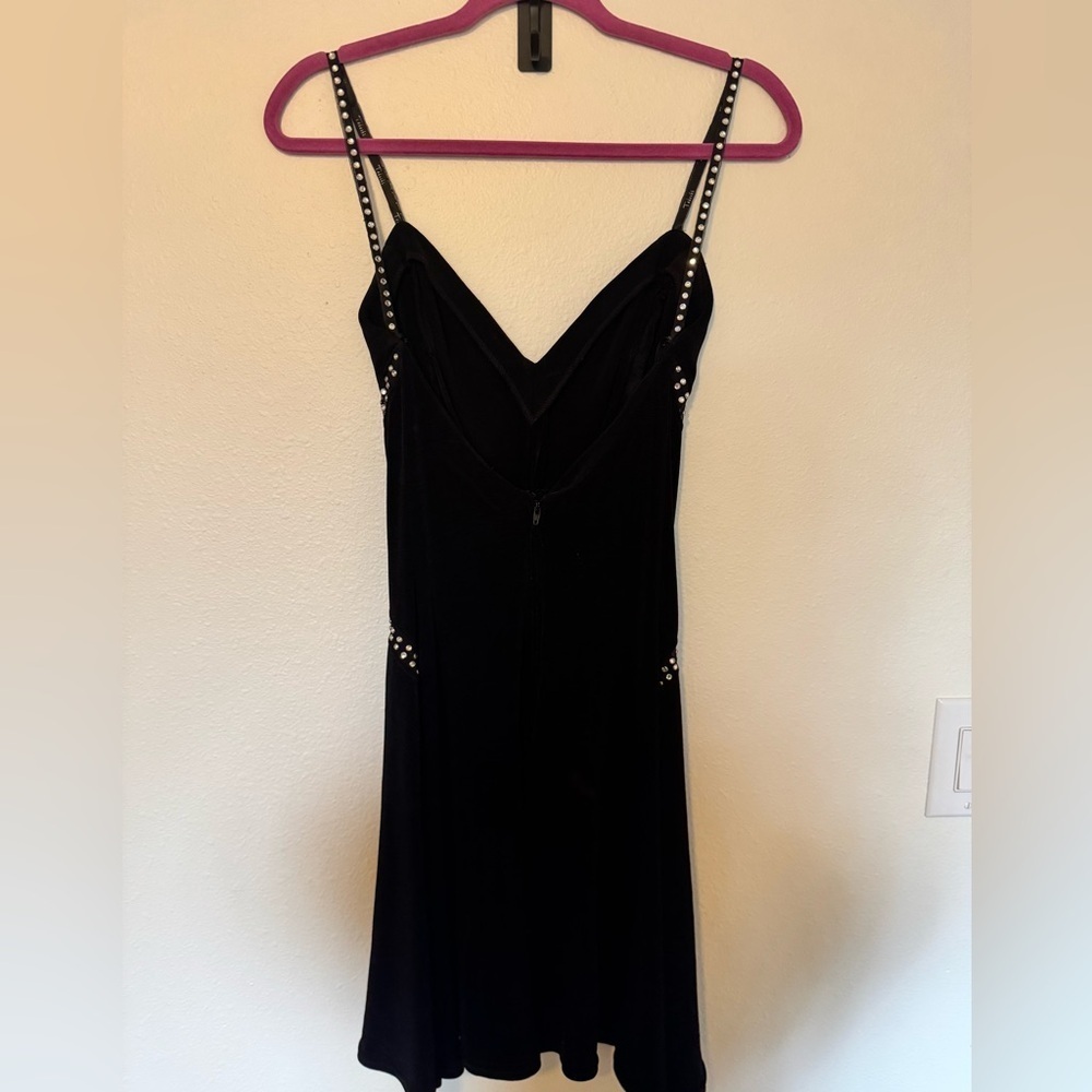 VTG Tadashi Y2K Mini Dress Tank Jeweled Mesh Panel Swing Size Small Black EUC - Picture 3 of 9